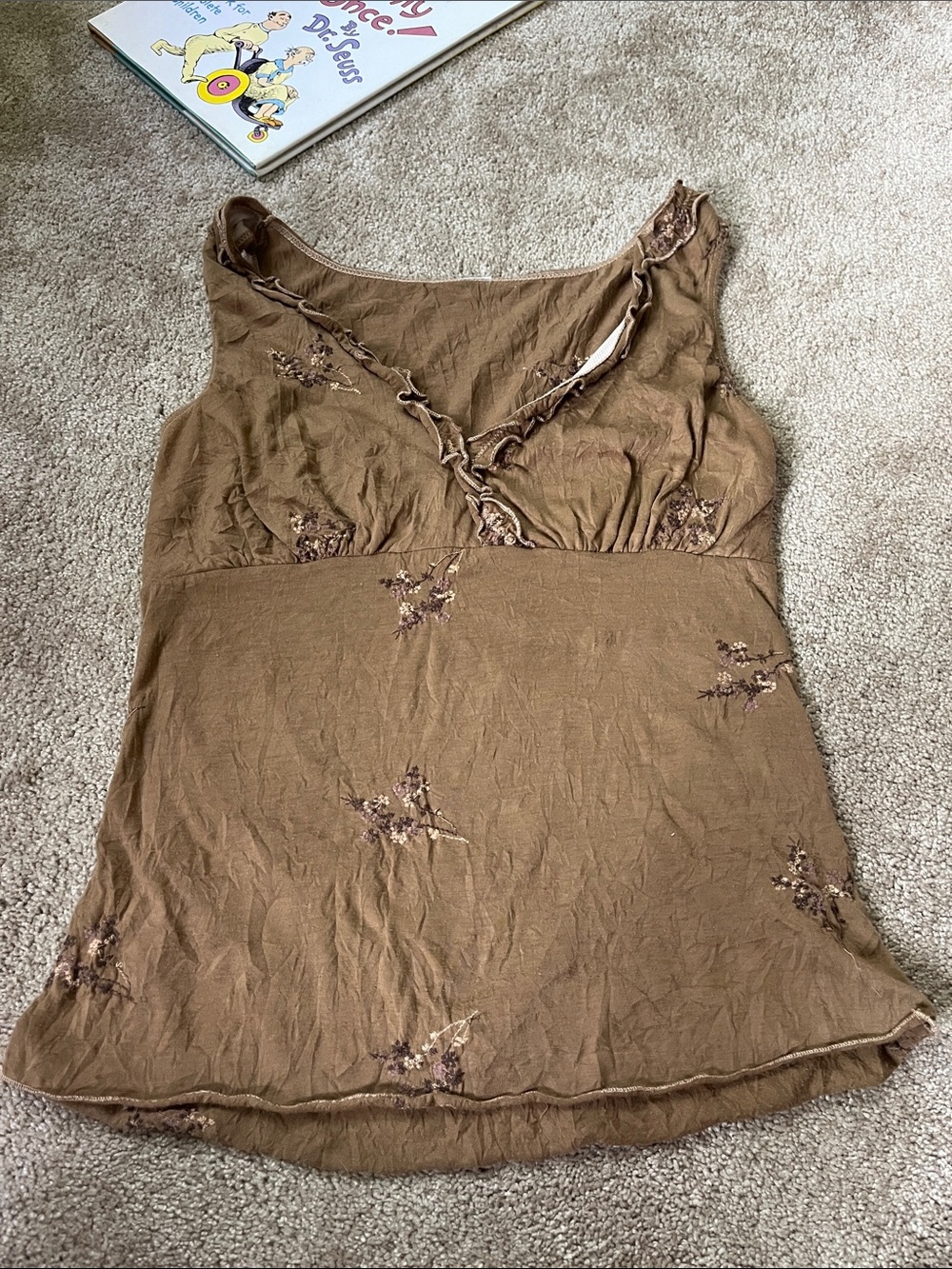 Brown Embroidered V-Neck Camisole with Ruffle Trim